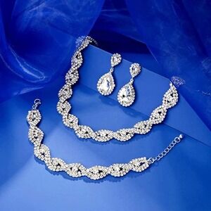 Sliver Crystal Necklace Set CZ Cubic Rhinestone Necklace Bracelet Earrings Set